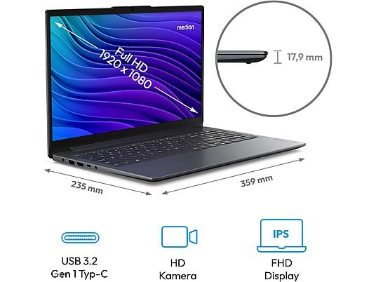 MEDION E15235 (MD62610), Notebook, mit 15,6 Zoll Display Core™ i3, 8 GB RAM, 512 GB SSD, Intel® UHD Graphics, silber, Windows 11 Home (64 Bit)